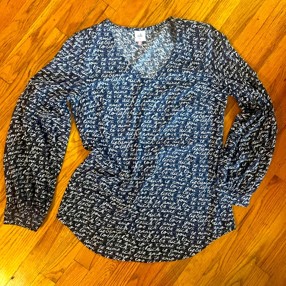 EUC Navy Cabi V-Neck Print Long Sleeve Blouse - Picture 1 of 4